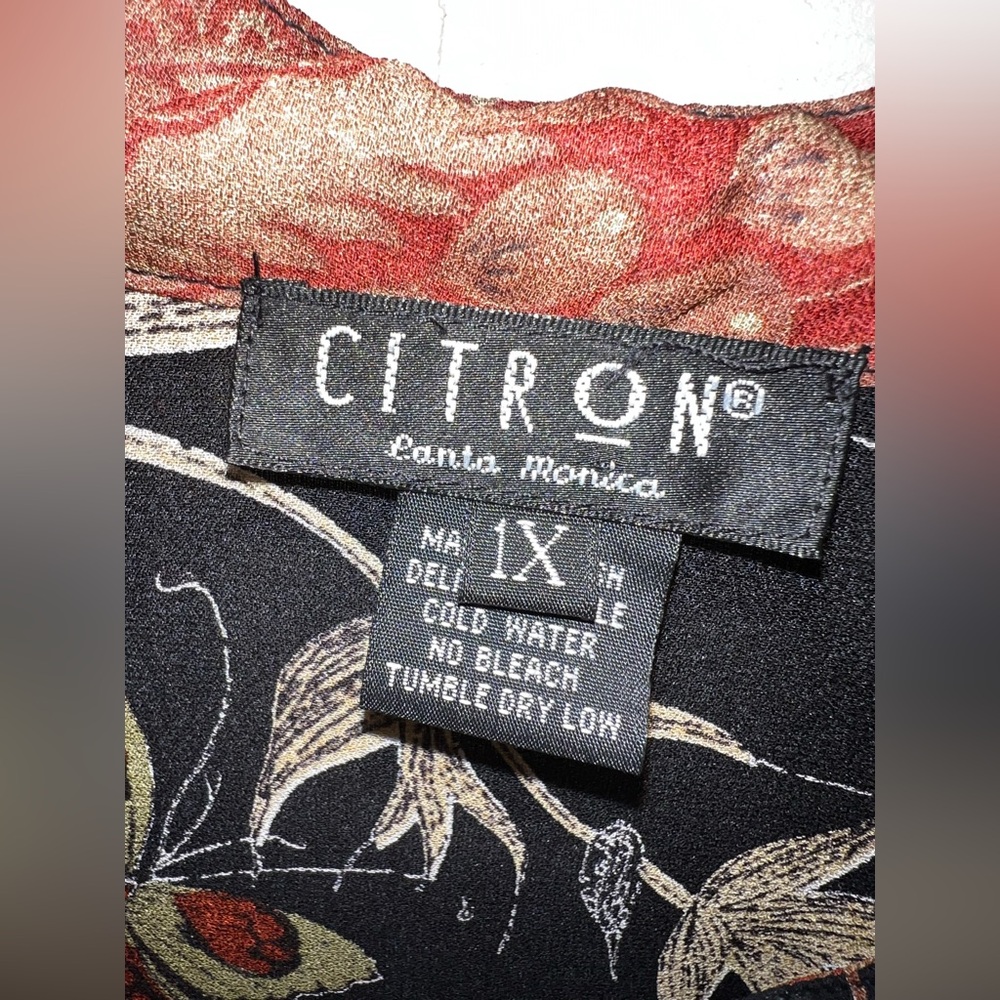 Citron 100% Silk Black Floral Button Down Blouse Sz 1X - Picture 7 of 15